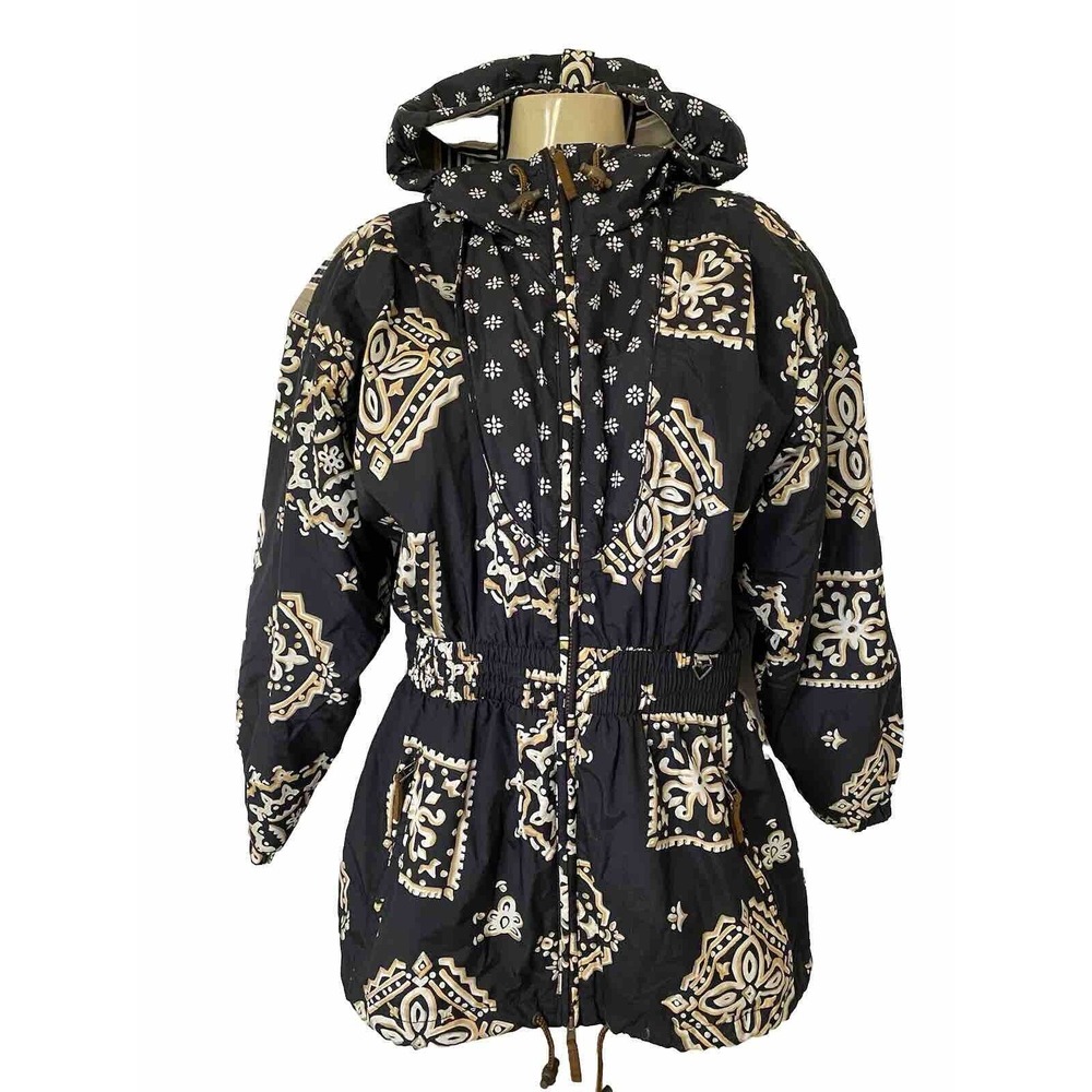 VTG Obermeyer Fanciful Jacket Black Floral Print Hood Striped Zip Pocket…